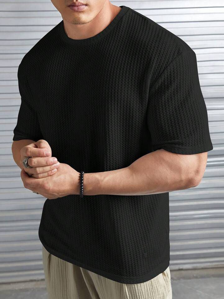 Zvibe's - Oversized Waffle Knit Tee For Men - BLACK