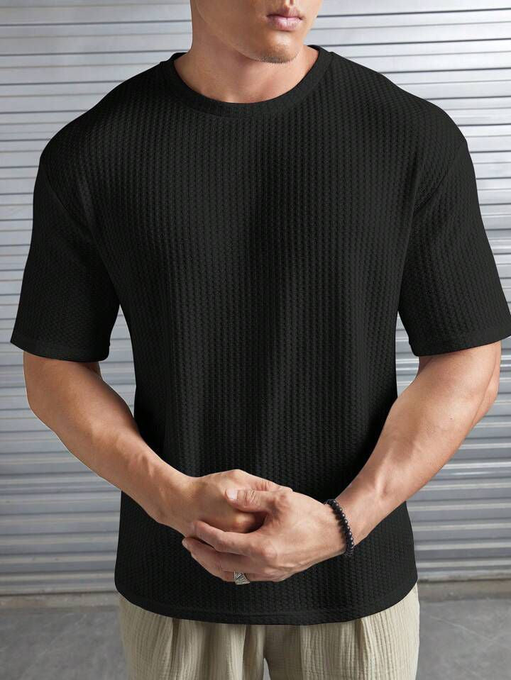 Zvibe's - Oversized Waffle Knit Tee For Men - BLACK