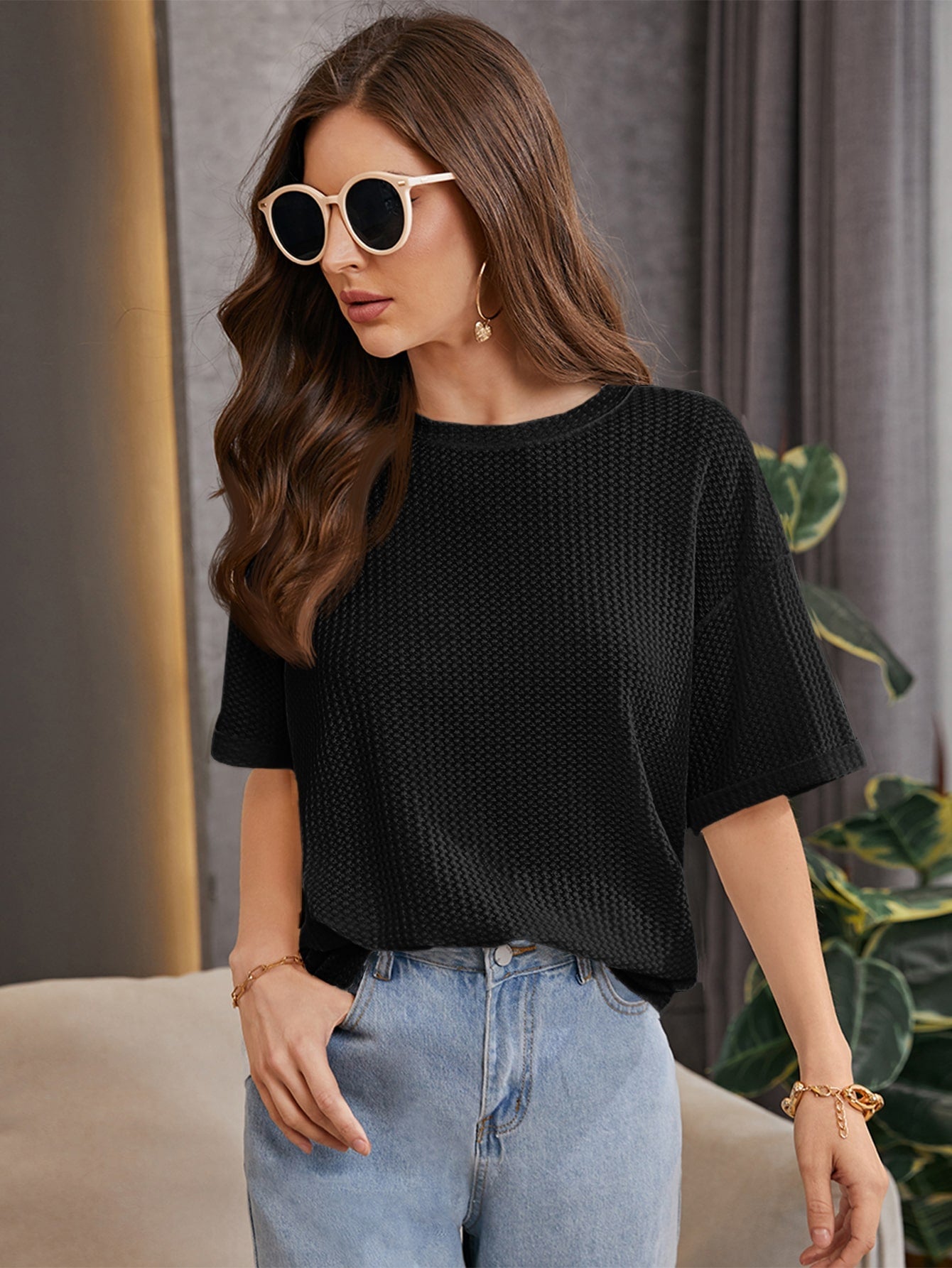 Zvibe's - Oversized Waffle Knit Tee For Women - BLACK