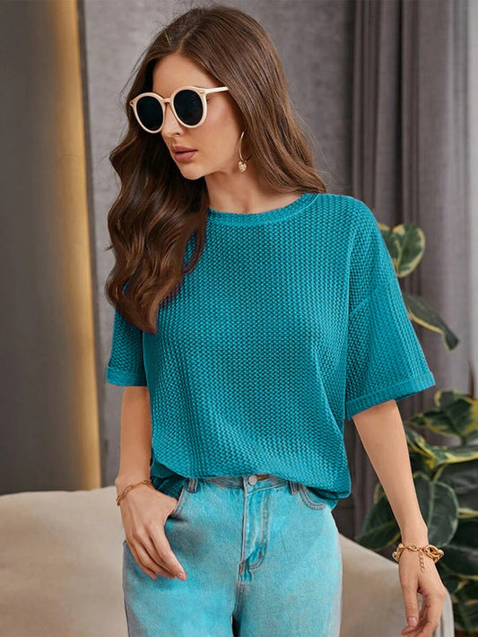 Zvibe's - Oversized Waffle Knit Tee For Women - Turkish Green