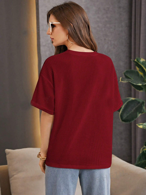 Zvibe's - Oversized Waffle Knit Tee For Women - Maroon