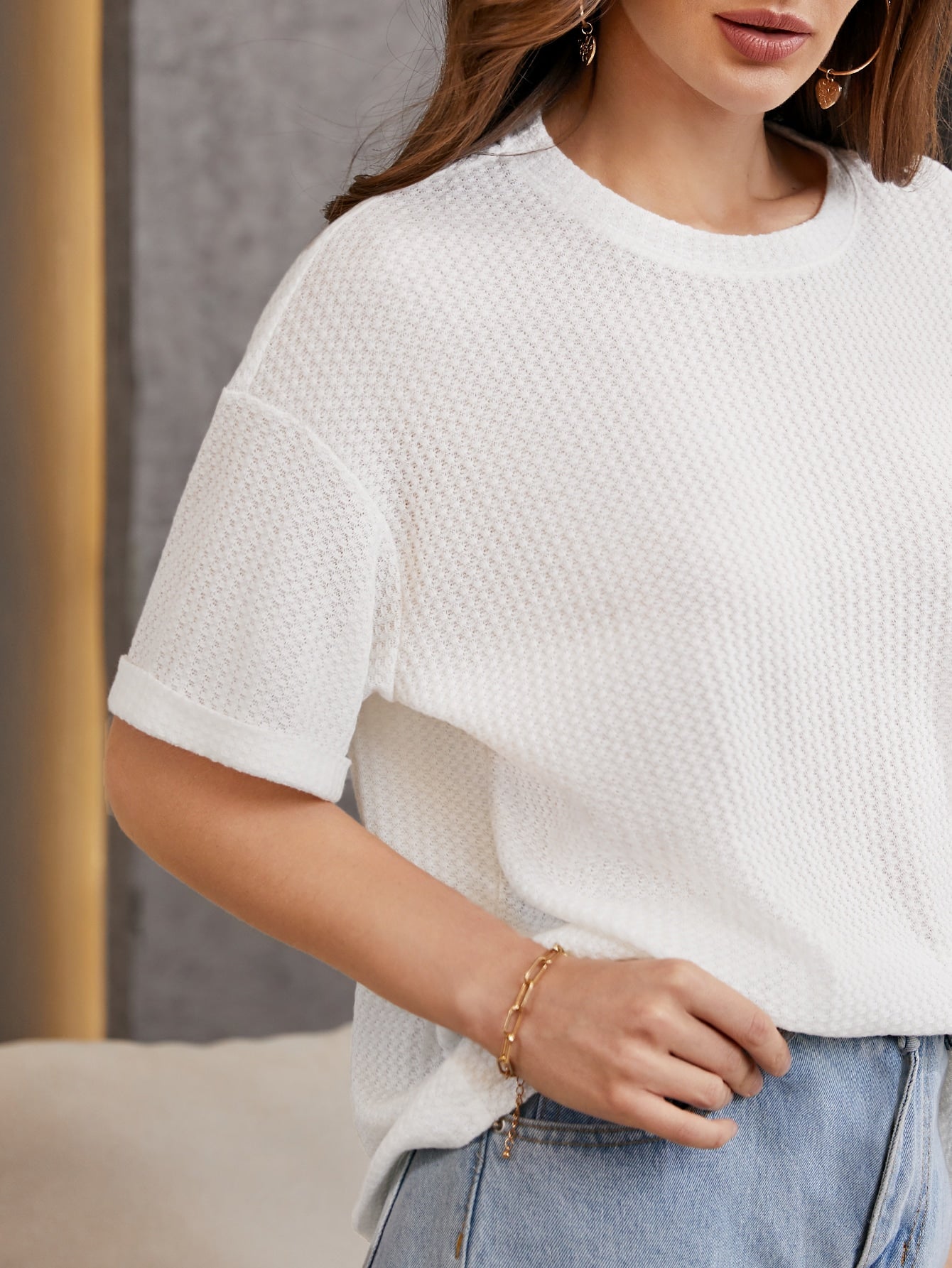 Zvibe's - Oversized Waffle Knit Tee For Women - White