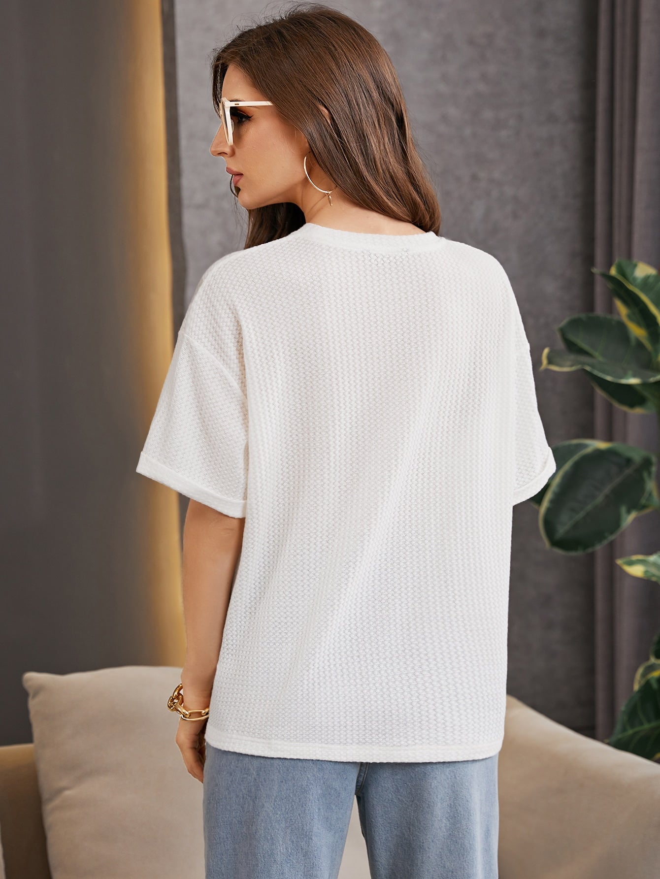 Zvibe's - Oversized Waffle Knit Tee For Women - White